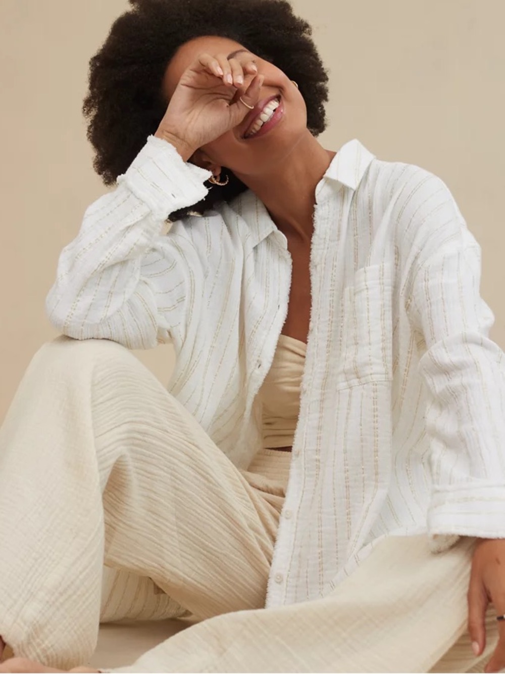 Aerie Textured Button-Up with Gold Stripes